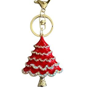 🎄 Red Crystal Christmas Tree Bag Charm Keychain Holiday Glam Sparkle